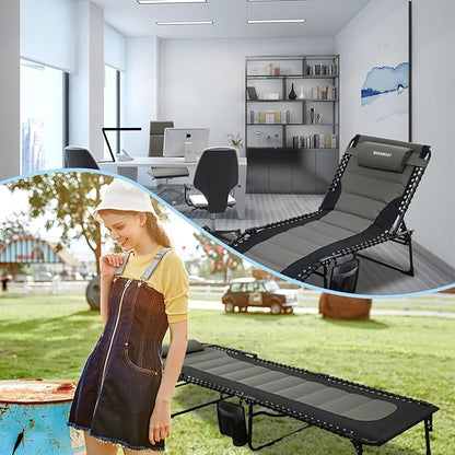 Outdoor Folding Lounge Chair Padded for Adults 264Ibs Patio Chaise Lounge Chair for Outside 5-Position Adjustable Reclining Beach Chair with Pillow Pocket