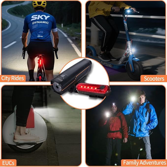 KunHe 227 Lumens 1600mAh Bike Light Set (1or2or4 or 8 Packs) Rechargeable Front & Rear Bicycle Lights with IPX4 Waterproof 4 Modes for Night Cycling