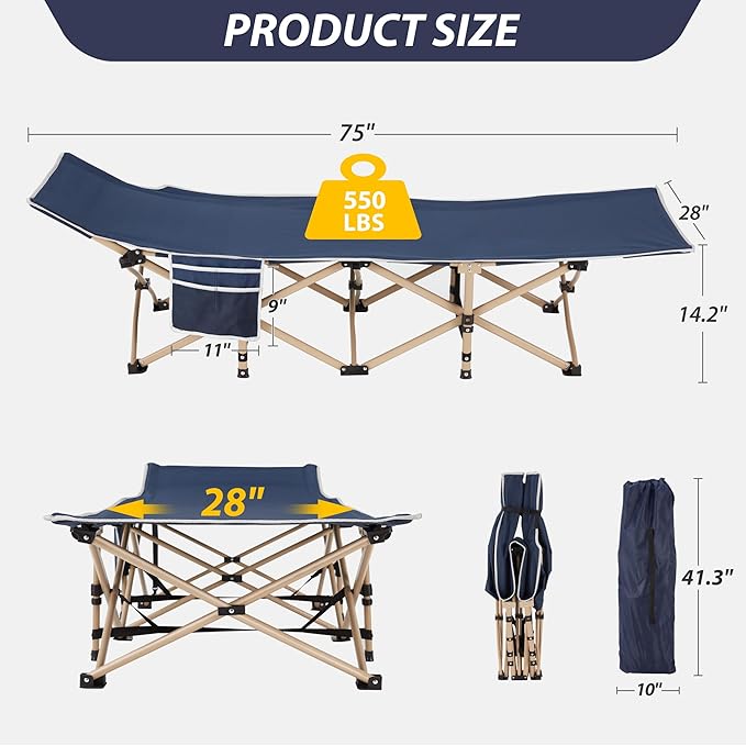 Folding Camping Cot for Sleeping, Portable Cots for Adults, Heavy Duty Cot Bed 550LBS(Max Load), Extra Wider Cots with Large Pocket for Outdoor, Office, Beach