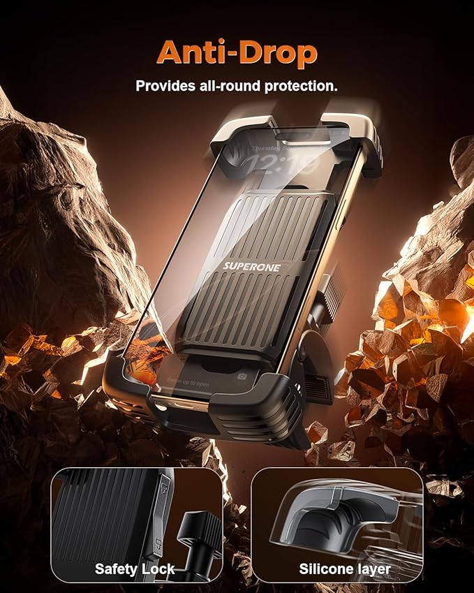 SUPERONE Bike Phone Holder, [1s Lock] Motorcycle Phone Mount, [Anti-Shake] Handlebar Cell Phone Clamp, Scooter Phone Clip for Handlebars with Diameters 0.65-1.2 in, Suitable for 4.7-7.2 in Phones