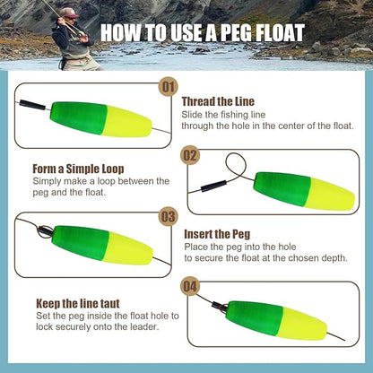 Bicolor Peg Floats, 1.5'' 2'' 2.5'' 3'' Cigar Fishing Cork Bobber Foam Floats with Pipe Plug for Catfish Santee Rigs 35 Pack