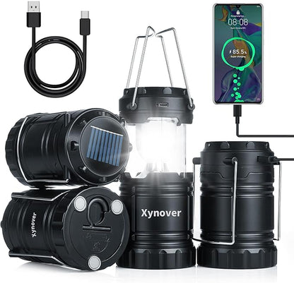 Solar Camping Lantern 4-Pack - Rechargeable LED Lights, Magnetic Base & Foldable Hanging Hook- Collapsible Lamp Battery Powered Perfect for Power Outages, Hiking, Campsites, Emergencies