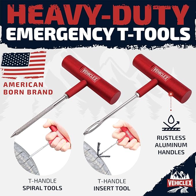 Vehiclex Tire Repair Kit for Plug and Patch with Aluminum Handled Tools - Emergency Kit in Zippered Bag for Car, Motorcycle, ATV, Tractor, Lawn Mower