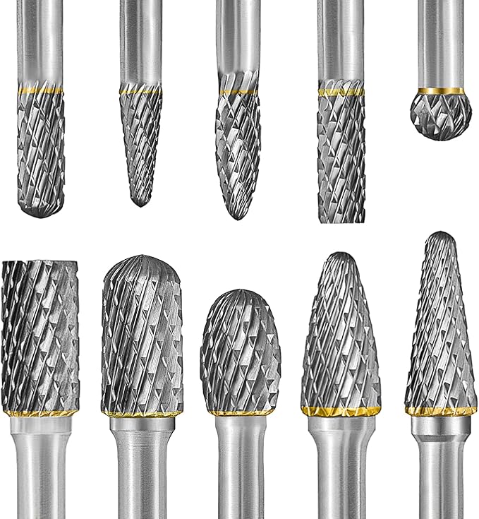 Tungsten Carbide Burr Set 1/4" Shank 10PC Double Cut Rotary Cutting Burrs Die Grinder Bits for Steel and Wood Working, Grinding, Carving, and Engraving