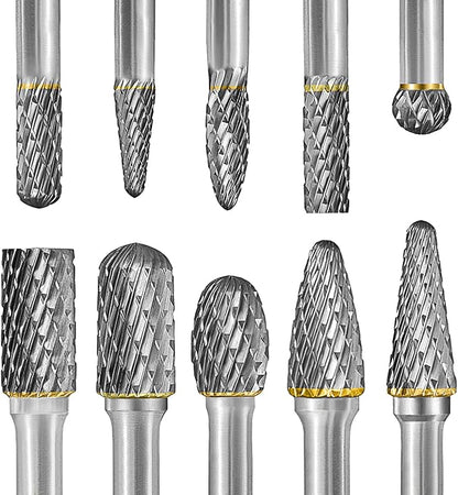 Tungsten Carbide Burr Set 1/4" Shank 10PC Double Cut Rotary Cutting Burrs Die Grinder Bits for Steel and Wood Working, Grinding, Carving, and Engraving