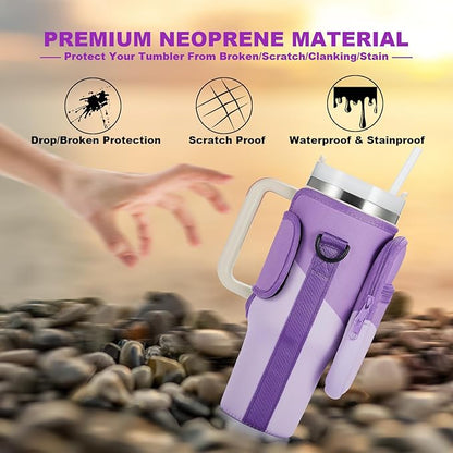 Water Bottle Carrier Bag with Phone Pocket for Stanley 40 & 30 oz Tumbler with Handle,Pink Insulated Neoprene Cup Holder Pouch w/Adjustable Strap for Quencher H2.0 Stanley Cup Accessories