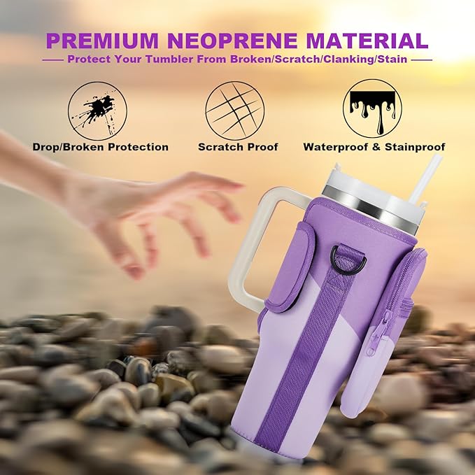 Water Bottle Carrier Bag with Phone Pocket for Stanley 40 & 30 oz Tumbler with Handle,Pink Insulated Neoprene Cup Holder Pouch w/Adjustable Strap for Quencher H2.0 Stanley Cup Accessories