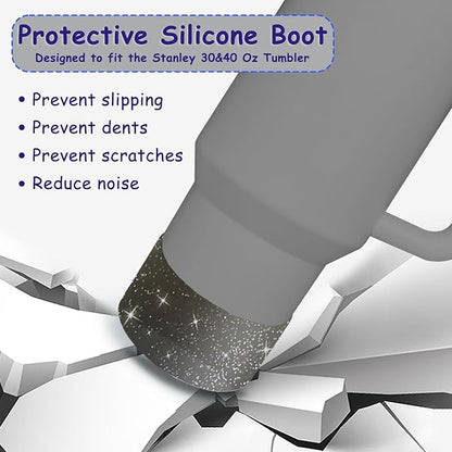 Stanley Cup Accessories Set,Including 3 Pcs 0.4in Halloween Straw Cover, 5 Pcs Halloween 3D&Flat Stickers, 1 Pcs Handle Charm, 1 Silicone Boot Fits Stanley 40&30 Oz Tumbler (Glitter Black)