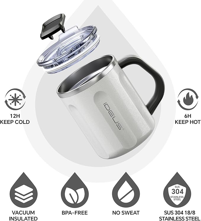 Ideus 16 oz Coffee Cup, Stainless Steel Coffee Travel Mug, Spill Proof Tea Mug with Handle and Lid, Lightweight and Durable, Great for Office Home and Outdoor Use, Snow White-FUJI FLOW