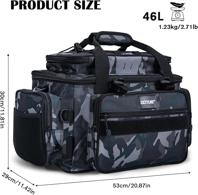Goture Fishing Tackle Bag, Store Up to 4PCS 3700 Plus 2PCS 3600 Tackle Trays(Not Included), 600D Soft Side Gear Storage Fishing Bag with Rod Straps,Detachable Water Bottle Pouch,Waterproof Bottom