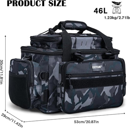 Goture Fishing Tackle Bag, Store Up to 4PCS 3700 Plus 2PCS 3600 Tackle Trays(Not Included), 600D Soft Side Gear Storage Fishing Bag with Rod Straps,Detachable Water Bottle Pouch,Waterproof Bottom