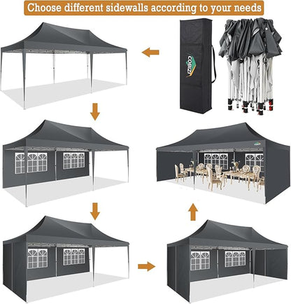 COBIZI 10x20 Pop Up Canopy Tent with Sidewalls,Party Tent Outdoor Gazebos, Waterproof & UV50+,3 Adjustable Heights,Higher Frame Design - Extra Tall for Parties Backyard,Weddings,Markets,Gray