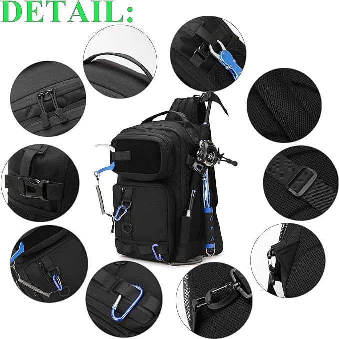 Fishing Backpack - Tackle Sling Bag- Fishing Gear Bags with Rod Holder and Fish Plier (Tan)