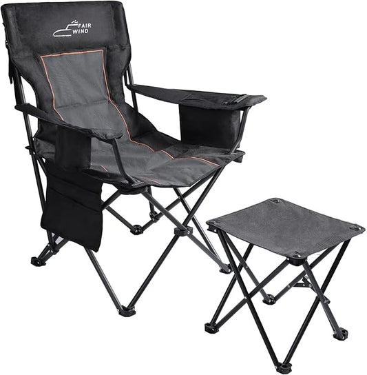 FAIR WIND Oversized Padded Camping Chair with Footrest Stool Set Heavy Duty Support 300 LBS Cooler Bag Chair - Black