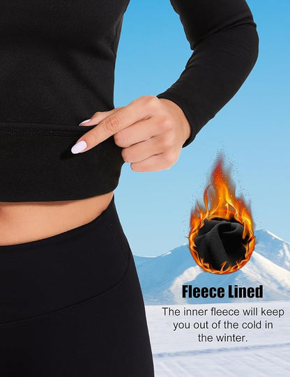 Womens Thermal Compression Long Sleeve Shirts Fleece Lined Tops Crew Neck Slim Fit Base Layer Ladies Underwear