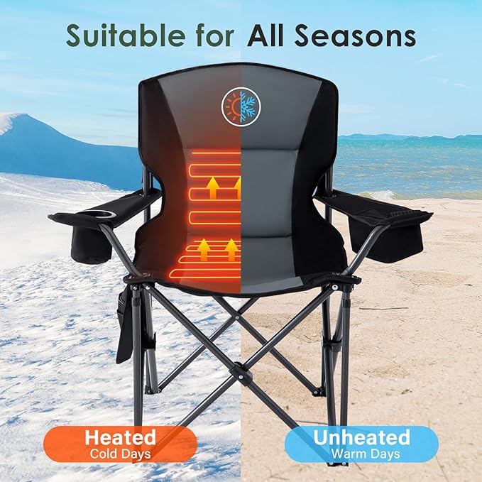 Homcosan Heated Camping Chair for Adults, Portable Outdoor Chairs with 3 Heat Levels, Oversized Foldable Lawn Chairs Without Power Bank, Perfect for Camping, Outdoor Sports, Picnics, Fishing (Grey)