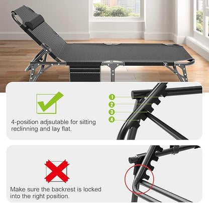 LILYPELLE Folding Outside Chaise Lounge Chair with Mattress, 5 Position Adjustable Patio Folding Lounge Chair Reclining Chairs Perfect for Outside, Sunbathing, Camping, Pool, Beach, Patio, Sand Gray
