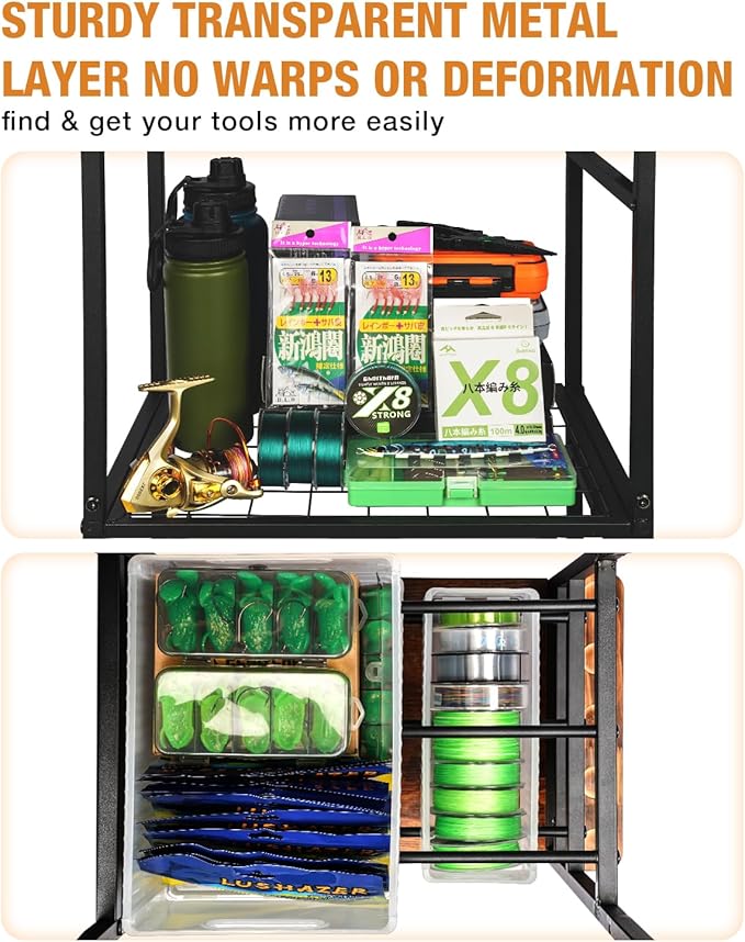 Ghosthorn Fishing Rod Holders for Garage Fishing Pole Rack Containers Included, up to 10 Rods Tackle Box Reel Storage Fishing Rod Rack Rotating Cart Fishing Gear Equipment Organizer