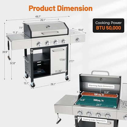 5-Burner Propane BBQ Grill with Side Burner, Each Main Burner 10,000 BTU, 50,000 BTU Total, Stainless Steel Outdoor Gas Grill, Porcelain Cast Iron Grates, Lockable Wheels for Backyard & Patio