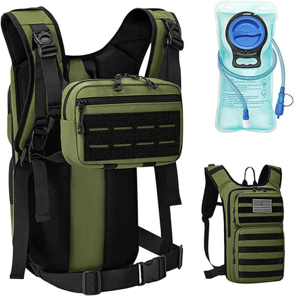 Tactical Hydration Backpack with 2L Water Bladder and Front Small Tactical Pouch, Outdoor Water Backpack for Men Women, Sports Hydration Pack for Hiking, Cycling, Climbing