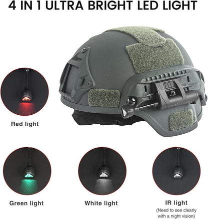 Tactical Helmet Light, IR Red Green White 4 in 1 LED Outdoor Survival Signal Lamp, with 2 Replaceable Helmets Accessories for Hunting Training