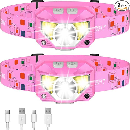 LHKNL Headlamp Flashlight, High Lumen Bright LED Rechargeable Headlight with White Red Light, 2-Pack Waterproof Motion Sensor Head Lamp, 8 Mode for Camping Running Hiking Fishing Gear- Pink