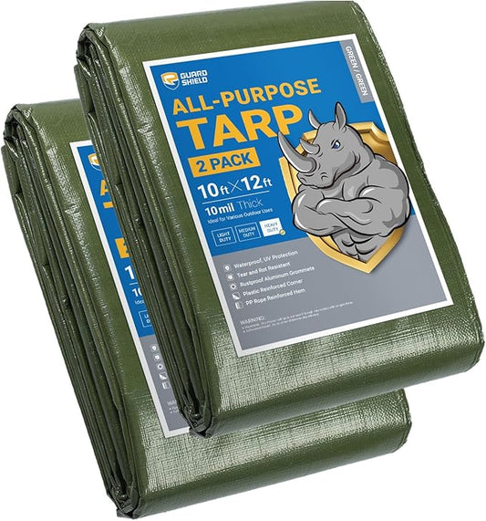 GUARD SHIELD Tarps Heavy Duty Waterproof 10x12 Feet Green Poly Tarp Cover Outdoor Thick UV Resistant Tarpaulin with Grommets 10mil (2-Pack)