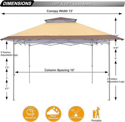 ABCCANOPY 13x13 Pop Up Canopy Base on 10x10 Canopy Frame with Double Ventilated Top, 4 Sandbags, 4 Ropes and 8 Stakes (Beige)