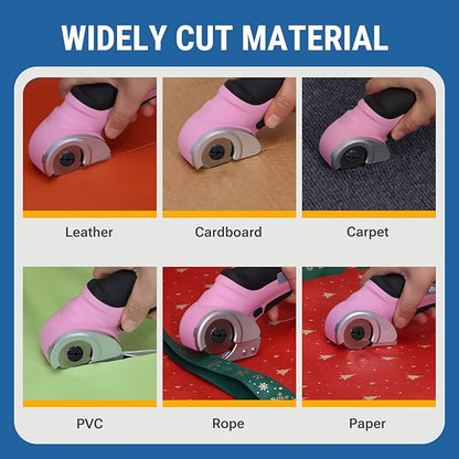 VLOXO Cordless Electric Scissors, Cardboard Cutter with Safety Lock 4.2V Electric Mini Cutter Power Rotary Scissors for Leather Felt Rug Box with Storage Box Pink