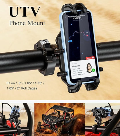 BRCOVAN Anti-Theft UTV Phone Mount Holder with Vibration Dampener & Secure Lock, Fit 1.5/1.65/1.75/1.85/2'' Roll Cage Bar, Heavy Duty, Adjustable Size, Big Phone Friendly for 5.4-7.2'' Cellphone