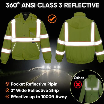 TICONN Waterproof Safety Bomber Jacket, Hi Vis Reflective Rain Jacket, ANSI Class 3 Work Rain Coat for Men Women