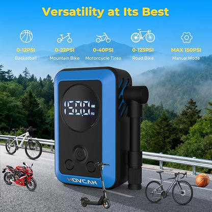 MOVCAN Mini Bike Pump,33s Fast Bicycle Pump with Guage,150PSI Portable Electric Bike Air Pump with Presta and Schrader Valve,Inflation Needle for Bike, Motorcycle, Mountain Bike, Ebike,Car, Balls