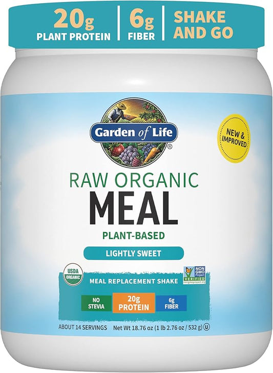 Garden of Life Meal Replacement Shakes, Vegan Protein Powder, Raw Organic Meal, Lightly Sweet Powder with Plant Based Pea Protein, Sprouts, Greens, Probiotics, Dairy Free 14 Servings