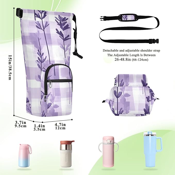 Lavender Flowers Palid Purple Water Bottle Holder with Strap Insulated Water Bottle Carrier Crossbody Bags Pouch with Phone Pocket for Travel Gym Hiking Walking Running
