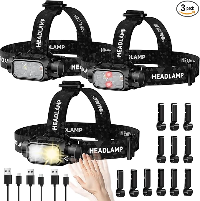 Rechargeable LED Headlamp 3 Pack, High Lumen Super Bright Head Lamp with Red Light, Motion Sensor, 5 Modes, 90° Adjustable, Waterproof Lightweight Headlamps for Adult Running, Camping, Hiking