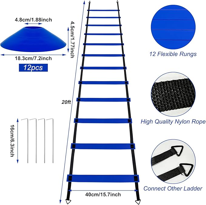 Professional Agility Ladder Speed Training Equipment Set-20ft Agility Ladder,12 Soccer Cones, 4 Agility Hurdles, Running Parachute, Suitable for Soccer Football Basketball Training