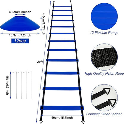 Professional Agility Ladder Speed Training Equipment Set-20ft Agility Ladder,12 Soccer Cones, 4 Agility Hurdles, Running Parachute, Suitable for Soccer Football Basketball Training