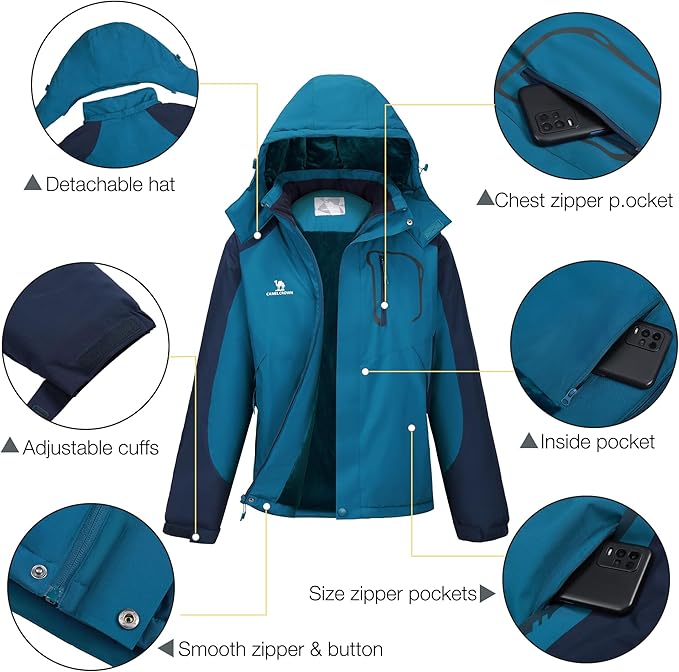 CAMELSPORTS Mens Winter Jacket Waterproof Warm Snow Ski Jackets Faux Fur Fleece Rain Coats with Removable Hood