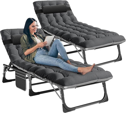 LILYPELLE Folding Outside Chaise Lounge Chair with Mattress, 5 Position Adjustable Patio Folding Lounge Chair Reclining Chairs Perfect for Outside, Sunbathing, Camping, Pool, Beach, Patio, Cool Black