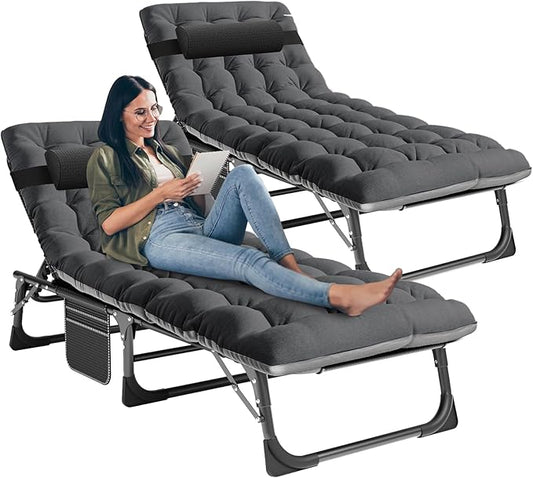 LILYPELLE Folding Outside Chaise Lounge Chair with Mattress, 5 Position Adjustable Patio Folding Lounge Chair Reclining Chairs Perfect for Outside, Sunbathing, Camping, Pool, Beach, Patio, Cool Black