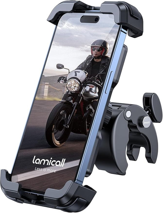 Lamicall Motorcycle Phone Mount, Bike Phone Holder - [Metal Lock] Upgrade Quick Install Handlebar Clip for Bicycle Scooter, Cell Phone Clamp for iPhone 17 16 15 Pro Max, Galaxy, 4.7-6.8" Phones