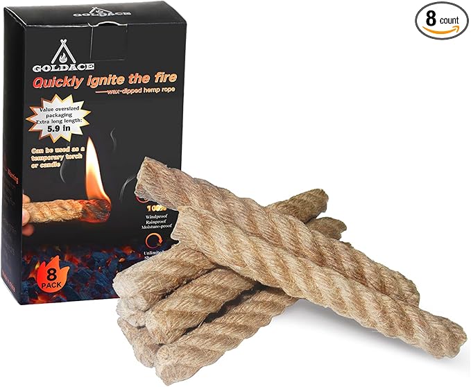 GOLDACE100% Windproof, Rainproof and Moisture- Emergency Survival Tool Kits| Long-Lasting Fire Starters for Campfires| Camping Cooking Kindling Tinder| fire Rope Hemp core| Unlimited Shelf Life