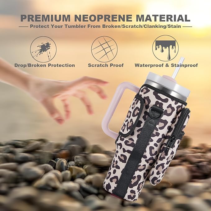Water Bottle Carrier Bag with Phone Pocket for Stanley 40 & 30 oz Tumbler with Handle,Pink Insulated Neoprene Cup Holder Pouch w/Adjustable Strap for Quencher H2.0 Stanley Cup Accessories