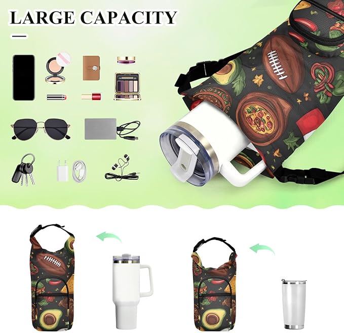 Mexican Food Flag Football Water Bottle Holder with Strap Insulated Water Bottle Carrier Crossbody Bags Pouch with Phone Pocket for Travel Gym Hiking Walking Running