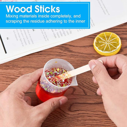 Coopay 12 Pack 100ml/3.4oz Plastic Beakers Epoxy Mixing Cups, Plastic Graduated Cups Clear Multipurpose Measuring Cups with 50 Pack Wooden Stirring Sticks for Resin, Epoxy, Stain, Mixing Paint