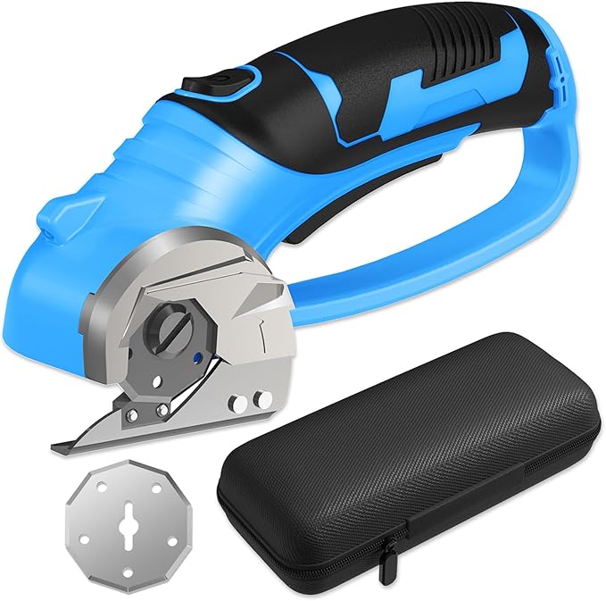 Cordless Electric Scissors, 4V Box Cutter & Cardboard Cutter with 2 Titanium Blades - Rotary Cutter with LED Light for Fabric, Leather, Carpet, Plastic, Crafting + Storage Case (Blue)