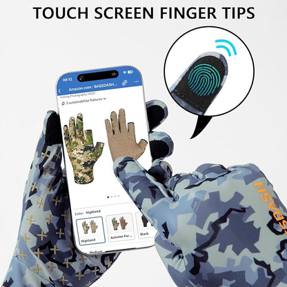 BASSDASH Men’s Camo Hunting Gloves UPF 50+ Lightweight Touchscreen Gloves for Warm Weather Fishing Hiking Outdoor Activities