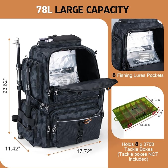 Goture Fishing Backpack, 78L 600D Water-Resistant Insulated Tackle Backpack with Cooler, Rod Holders, 8 Lure Pockets, Rain Cover, Gear Storage Large Fishing Bag for Camping Hiking(Without Tackle Box)