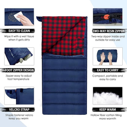 0 Degree Sleeping Bag Cotton Flannel Winter Cold Weather for Adults XXL Sleeping Bag 4 Season Big and Tall with Pillow Compression Sack