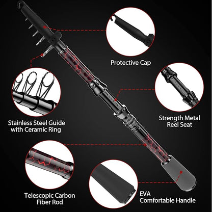 Fishing Rod and Reel Combos, Unique Design with X-Warping Painting, Carbon Fiber Telescopic Fishing Rod with Reel Combo Kit with Tackle Box, Best Gift for Fishing Beginner and Angler